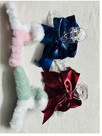 Decorative Hair Clips with Satin Bow and Plush Bunny Design Navy Blue and Burgundy 2-Piece Set