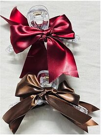 Satin Hair Bow Clips Large Size Red and Brown Pack of 2