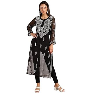                       Elegant Black Pure Lucknawi Chicken Kurti Chiffon Kurti                                              