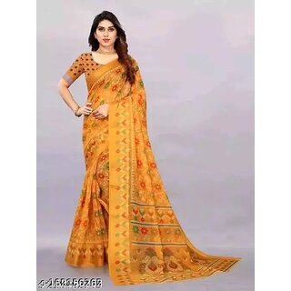                       Yellow Colour Cotton Printed saree With Blouse Piece                                              