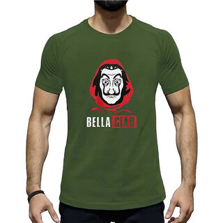                       HIT SQUARE Bella Ciao logo Olive Pure Cotton Round Neck Printed For Men                                              
