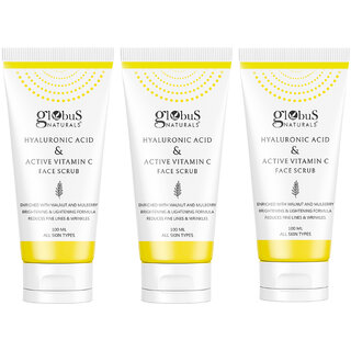 Globus Naturals Hyaluronic Acid Vitamin C Anti Ageing Face Scrub, Enriched with Walnut Mulberry, Skin Lightening Brightening Formula, Reduces Dark Spots, Suitable for All Skin Types, 100 gm, Set of 3 Globus Naturals Hyaluronic Acid Vitamin C Anti Ageing Face Scrub, Enriched with Walnut Mulberry, Skin Lightening Brightening Formula, Reduces Dark Spots, Suitable for All Skin Types, 100 gm, Set of 3