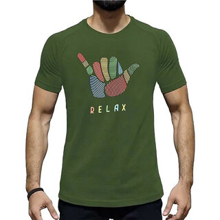                       HIT SQUARE Olive Pure Cotton Round Neck Printed For Men                                              