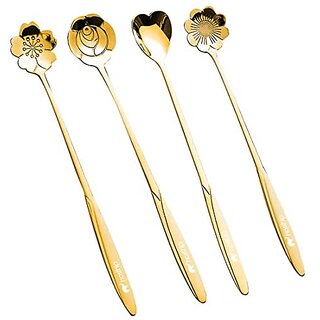                      Golden Spoon Set/Coffee Spoon/Dessert Spoon/Cutlery Kitchen Tableware/Stainless Steel Gold Flower Shape Coffee Spoon with Package Bag 18cm 4 Pcs Different Coffee Spoon                                              