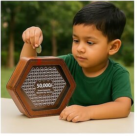 Jobber Wooden Piggy Bank for Kids Adults | Hexagon Shape Money Saving Box | 50000 Goal Tracker Smart Savings Challenge| Best Wooden Gift for Home Office & Birthday (Hexagon)