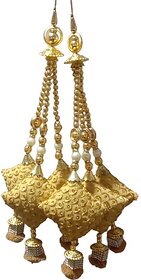 Bhavya sales Women's  Handmade Work Ethnic Hanging Cotton Pompom Bell Tassel Latkan for Saree Blouse and Lehenga - Pack of 2 (Golden)