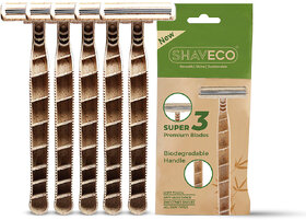 SHAVECO Bamboo Disposable Razor for Men, 3 Blades with Pivot Head And Lubricating Strip, Pack of 5
