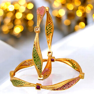                       18k One Gram Gold Plated Traditional Designer Pack of 2 Bangle Set For Women                                              