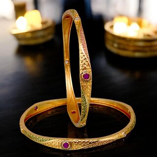                       18k One Gram Gold Plated Traditional Designer Pack of 2 Bangle Set For Women                                              