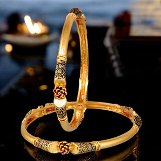                       18k One Gram Gold Plated Traditional Designer Pack of 2 Bangle Set For Women                                              