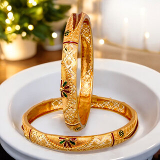                       18k One Gram Gold Plated Traditional Designer Pack of 2 Bangle Set For Women                                              