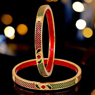                      18k One Gram Gold Plated Traditional Designer Pack of 2 Bangle Set For Women                                              