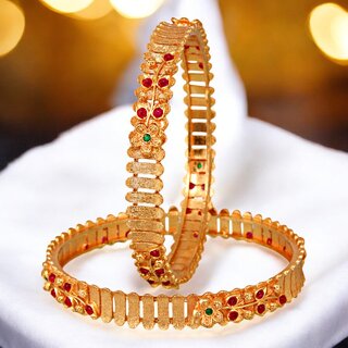                       18k One Gram Gold Plated Traditional Designer Pack of 2 Bangle Set For Women                                              