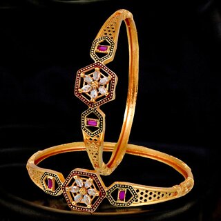                       18k One Gram Gold Plated Traditional Designer Pack of 2 Bangle Set For Women                                              
