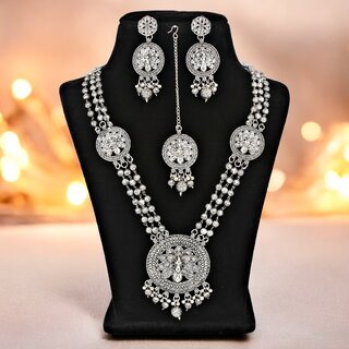                       Oxidised Silver Peacock Design Long Necklace Set with Earrings & Maang Tikka for Women & Girls (710-PSO-2108)                                              