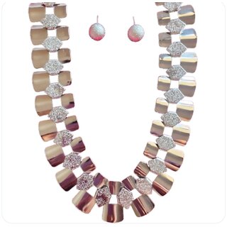 Silver Tone Tile Statement Design Necklace with Studded Earrings Set Studded Statement Necklae for women Silver Tone Tile Statement Design Necklace with Studded Earrings Set Studded Statement Necklae for women