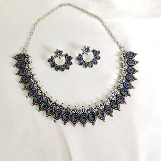 Elegant Stylish Peacock Color Design Oxidized Silver Tone Necklace and Earrings Set For women Elegant Stylish Peacock Color Design Oxidized Silver Tone Necklace and Earrings Set For women