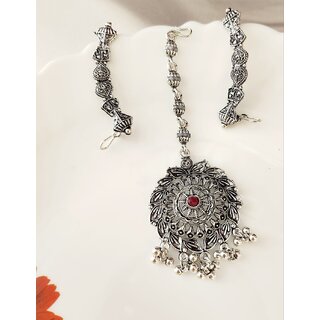 Oxidized silver- plated pink stone maangtika Earcuff Combo (set pack of 1) Oxidized silver- plated pink stone maangtika Earcuff Combo (set pack of 1)