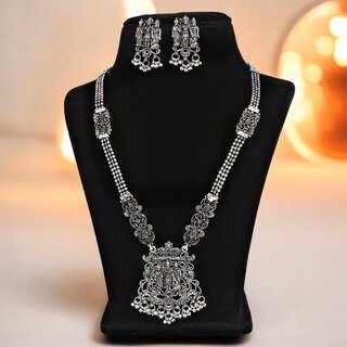                       Oxidised Silver Lord Ram Darbar Temple Jewellery Long Necklace Set with Matching Earrings (594-PSO-2106)                                              