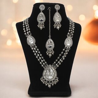 Oxidised Silver Hare Krishna Temple Jewellery Long Necklace Set with Earrings & Maang Tikka (710-PSO-2109) Oxidised Silver Hare Krishna Temple Jewellery Long Necklace Set with Earrings & Maang Tikka (710-PSO-2109)