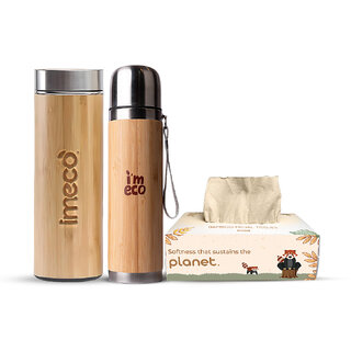 IMECO Bamboo Thermos Flask, Bamboo Flat Head Bottle, Bamboo Facial Tissues (200 Pulls), Everyday Essential Combo IMECO Bamboo Thermos Flask, Bamboo Flat Head Bottle, Bamboo Facial Tissues (200 Pulls), Everyday Essential Combo