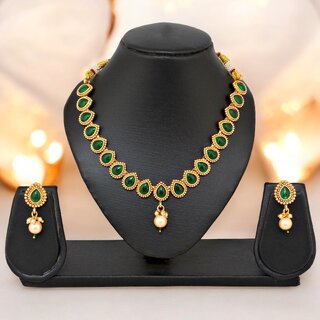                       Gold Plated Green Color Choker Necklace Set with Earrings for Women & Girls (760-PSR-2080-G)                                              