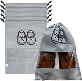 Plain Shoe Cover with Drawstring|Clear window Shoe Bag|Pack of 6|Gray Polyester Grey Flat Shoe Cover (Shoe Cover Pack of 6)