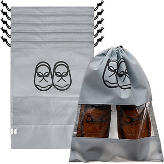 Plain Shoe Cover with Drawstring|Clear window Shoe Bag|Pack of 6|Gray Polyester Grey Flat Shoe Cover (Shoe Cover Pack of 6)