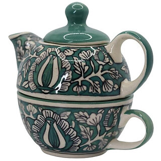 Handcrafted Ceramic Teapot and Cup Set-Elegant Green and White Floral Design Handcrafted Ceramic Teapot and Cup Set-Elegant Green and White Floral Design