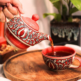                       Handcrafted Ceramic Teapot and Cup Set - Elegant Red and White Floral Design                                              