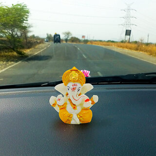 Lord Ganesha Idol in Yellow Dhoti & Mukut Compact Size for Car Dashboard, Home Temple, Festival Decor & Gifting Lord Ganesha Idol in Yellow Dhoti & Mukut Compact Size for Car Dashboard, Home Temple, Festival Decor & Gifting