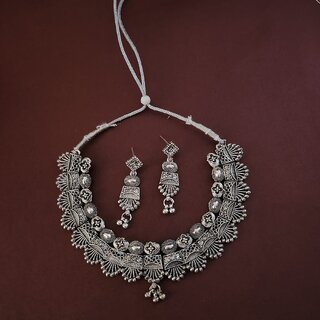 Elegant Stylish Oxidized Silver Tone Necklace and Earrings Set Brass Alloy Necklace with Earrings for Women (Set of Elegant Stylish Oxidized Silver Tone Necklace and Earrings Set Brass Alloy Necklace with Earrings for Women (Set of