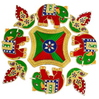                       Tiny Shiny Diya Elephant Meena Stone Handcrafted Re-arrangeable Rangoli Design Set Home Temple Diwali Decorations                                              