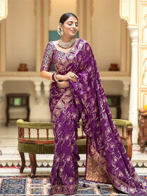 LEAFSY Woven Banarasi Pure Silk Saree (Purple)
