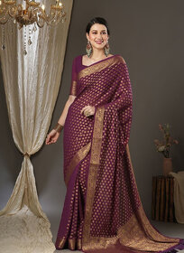 LEAFSY Woven Banarasi Pure Silk Saree (Purple)