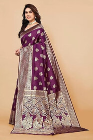 LEAFSY Woven Banarasi Pure Silk Saree (Purple)