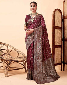 LEAFSY Woven Banarasi Pure Silk Saree (Maroon)