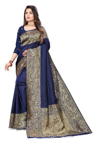 LEAFSY Woven Banarasi Pure Silk Saree (Gold, Dark Blue)