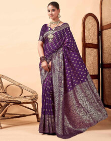 LEAFSY Woven Banarasi Pure Silk Saree (Purple)