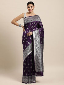 LEAFSY Embellished, Woven Banarasi Pure Silk Saree (Purple)