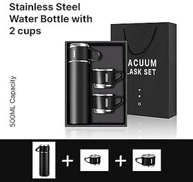 Biyanka Double Wall Stainless Steel Thermo 500 ml Vacuum Insulated Bottle Water Flask with Three Cups Hot  Cold  Assor