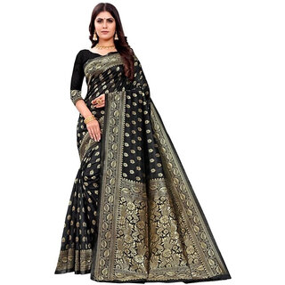                       LEAFSY Self Design Banarasi Jacquard Saree (Black)                                              