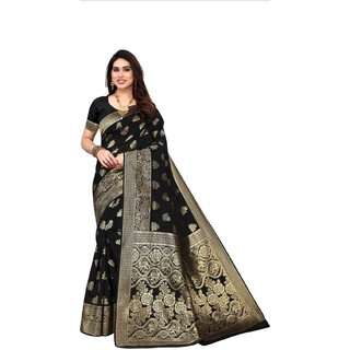                       LEAFSY Self Design Banarasi Jacquard Saree (Black)                                              