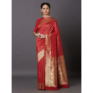                       LEAFSY Self Design Banarasi Jacquard Saree (Red)                                              