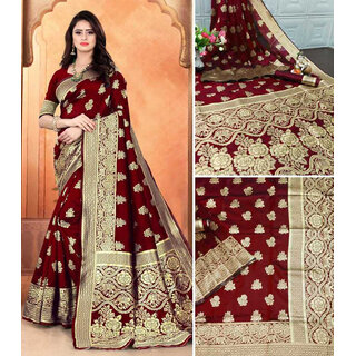                       LEAFSY Self Design Banarasi Jacquard Saree (Maroon)                                              