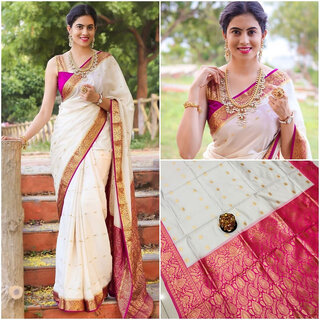                       LEAFSY Self Design Banarasi Jacquard Saree (White)                                              