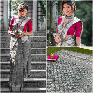                       LEAFSY Self Design Banarasi Jacquard Saree (Grey)                                              