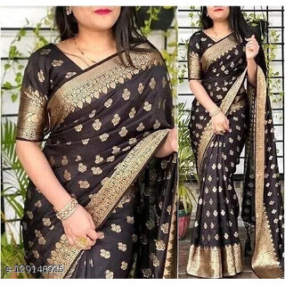                       LEAFSY Self Design Banarasi Jacquard Saree (Black)                                              