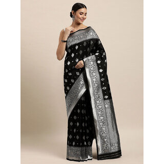                       LEAFSY Embellished, Woven Banarasi Pure Silk Saree (Black)                                              