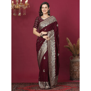 LEAFSY Embellished, Woven Banarasi Jacquard Saree (Maroon) LEAFSY Embellished, Woven Banarasi Jacquard Saree (Maroon)